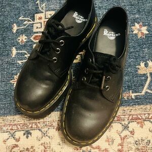 Dr. Martens Black Leather Oxfords with Yellow Stitching